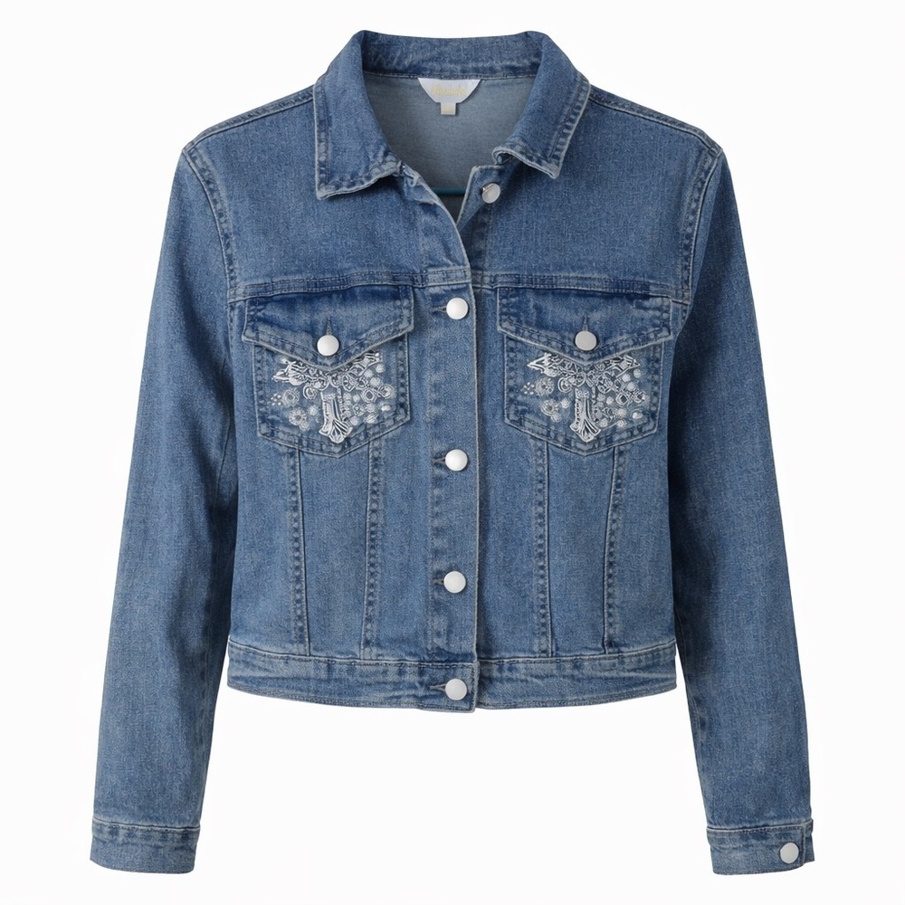 Riley & James Denim Jacket Cross Embroidery Western Boho Festival Size M‎